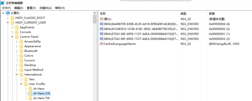 HKEY_CURRENT_USER\Control Panel\International\User Profile\zh-Hans-CN