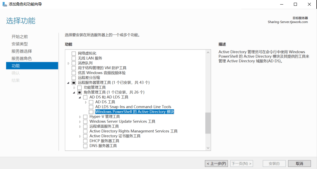 Windows Server 2019 添加角色和功能向导 界面