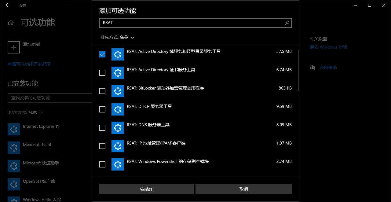 Windows10 设置 添加可靠功能 界面